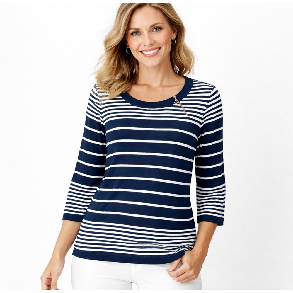 Nautica Women Coastal Knit Top XL Pullover Navy Striped 3/4 Sleeve Cruise Resort